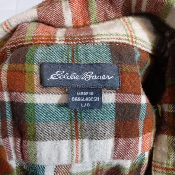 Eddie Bauer Men Plaid Button Up Plaid Flannel Shirt Red Green Cream Size L - Picture 6 of 11